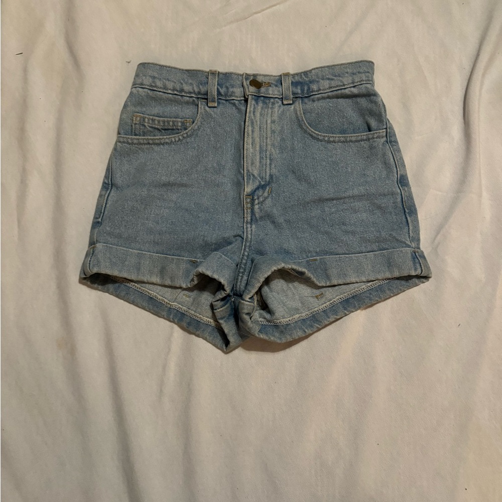 American Apparel light wash denim high waisted cuffed shorts